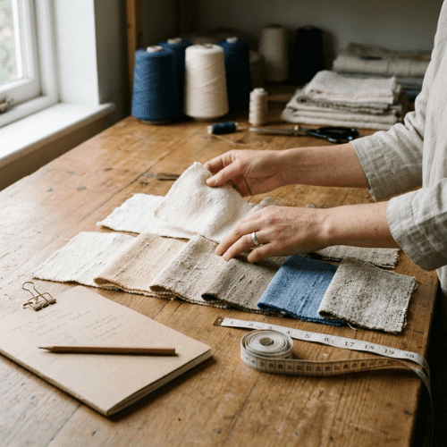 Designer examining Khadi fabric swatches before purchase 