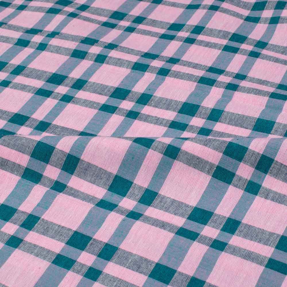 Check Pink Blue Pure Cotton 100 GSM Handwoven Fabric