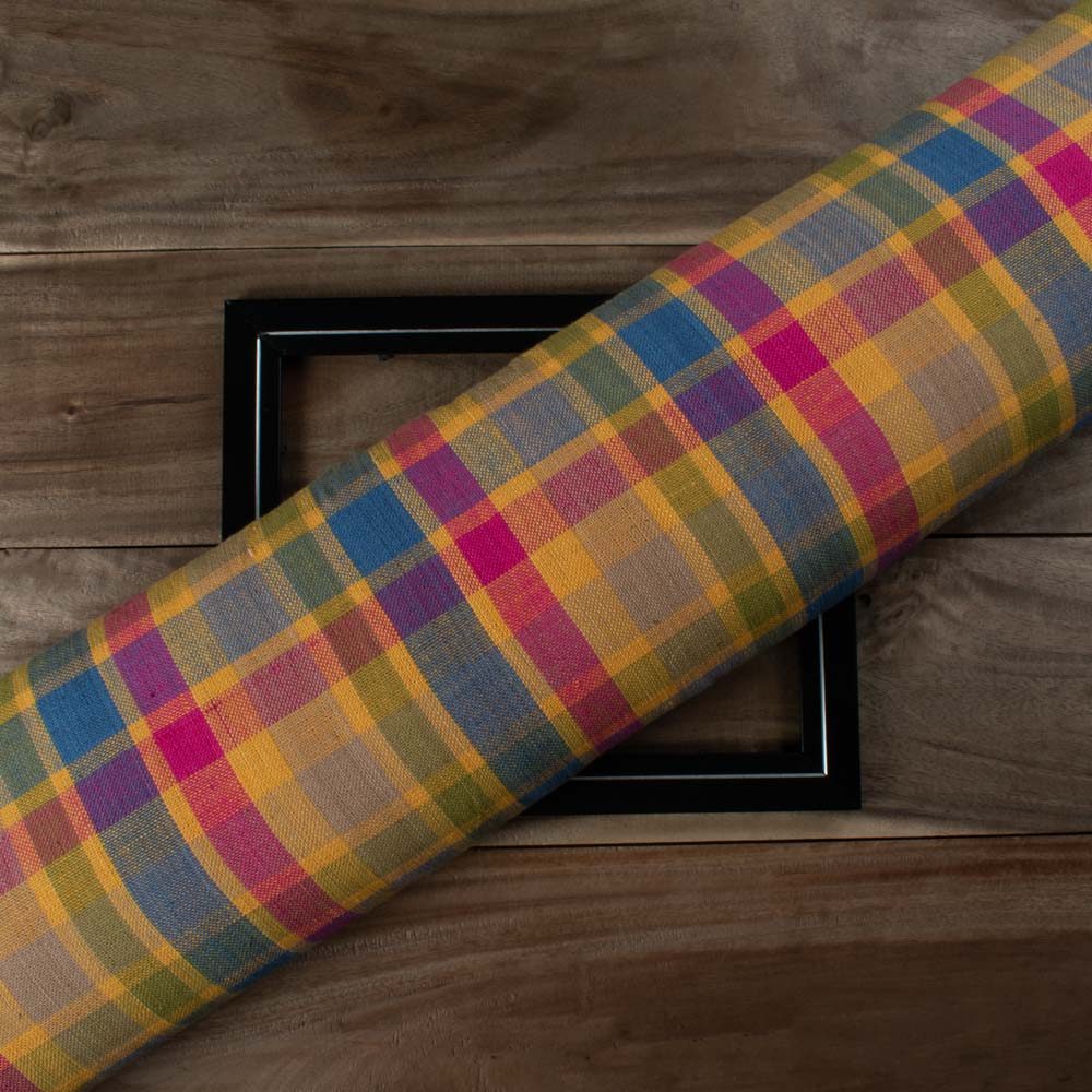 Multicolor check khadi fabric displayed folded for product showcase