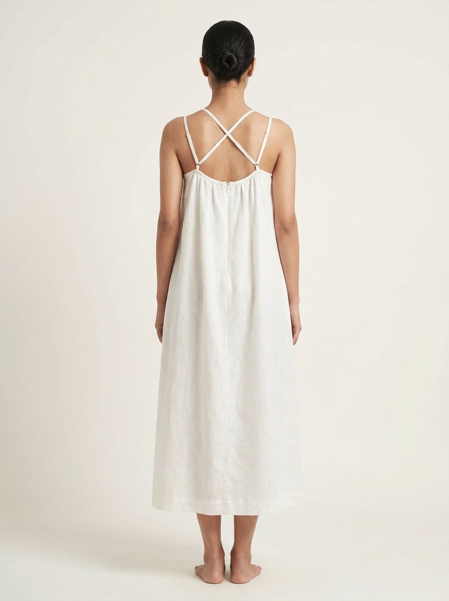 Back view of Sweetheart Neck Gathered Ankle Length Dress in handspun and handwoven khadi fabric