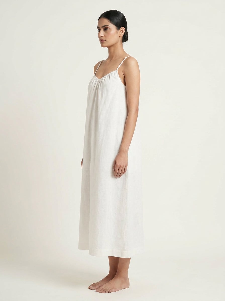 Side view of Sweetheart Neck Gathered Ankle Length Dress in handspun and handwoven khadi fabric