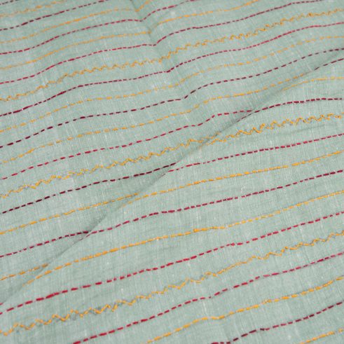 STRIPE MINT GREEN KANTHA EMBROIDERED KHADI COTTON 115 GSM HANDWOVEN FABRIC