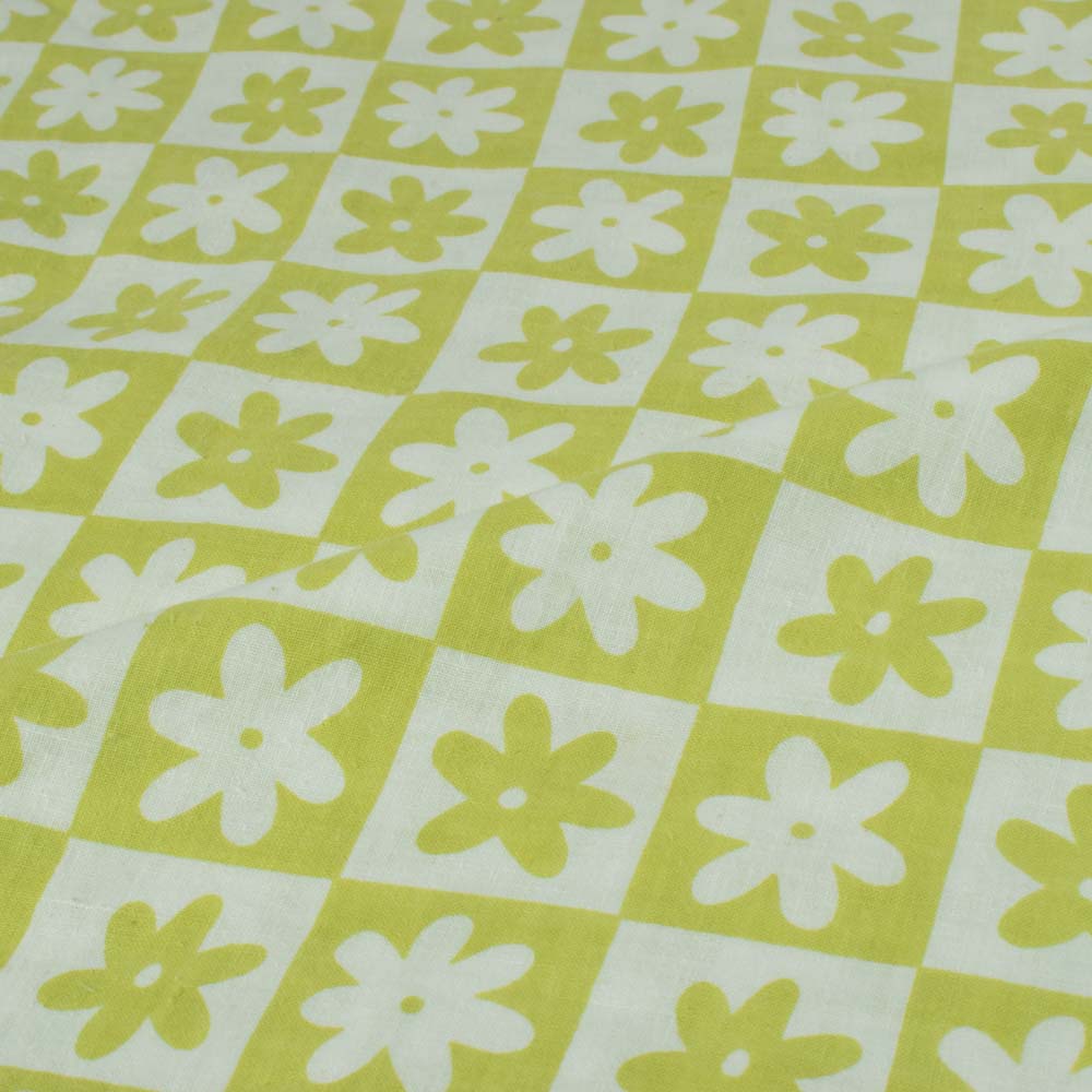 Floral Light Green White Screenprinted Pure Khadi 90 GSM Handwoven Fabric