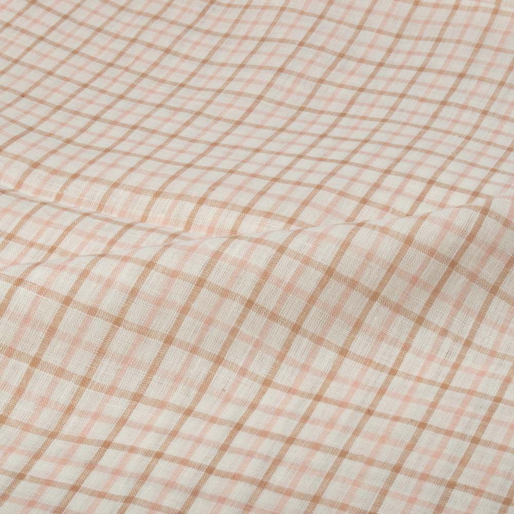 Check Multicolor Cream Pink Brown Linen 140 GSM Handwoven Fabric