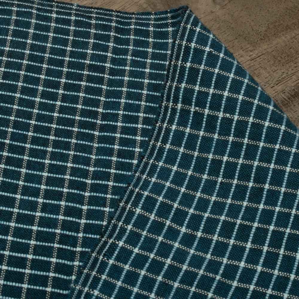Check Petrol Blue White Pure Cotton 105 GSM Handwoven Fabric 656