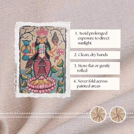 Pattachitra painting carefully rolled and stored flat to prevent creasing and protect painted surface.