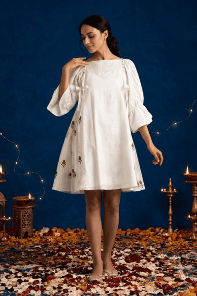 Embroidered Pintuck Dress With Tassels for women's Diwali festive wear