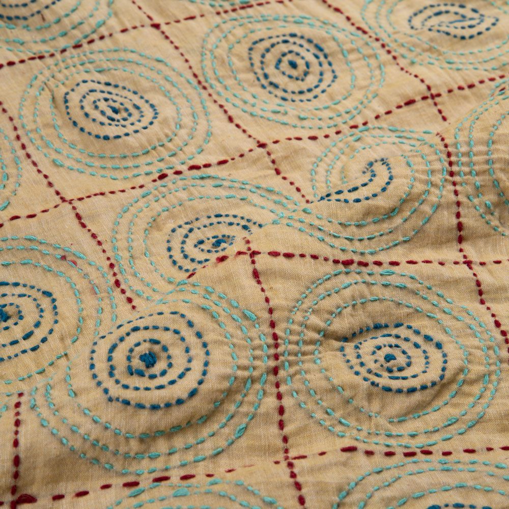 GEOMETRIC YELLOW KANTHA EMBROIDERED KHADI COTTON 100 GSM HANDWOVEN FABRIC