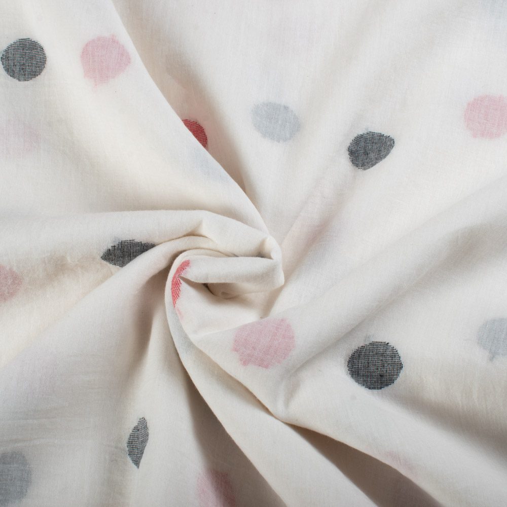 White Base Black & Red Circle Pure Cotton 55 GSM Handwoven Jamdani Fabric