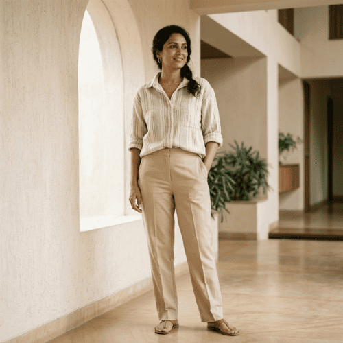 Casual fashion style with a handwoven cotton shirt and tailored trousers