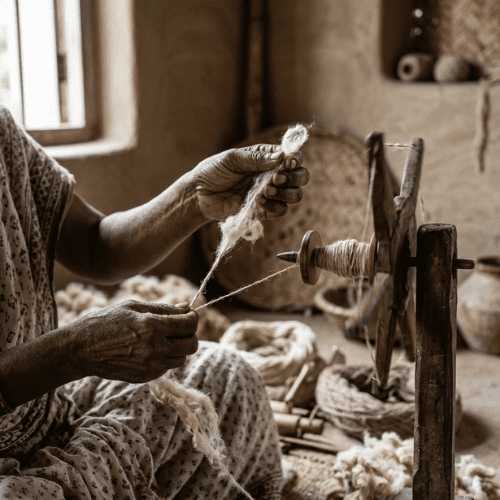 Artisan hand-spinning cotton yarn for authentic Khadi 