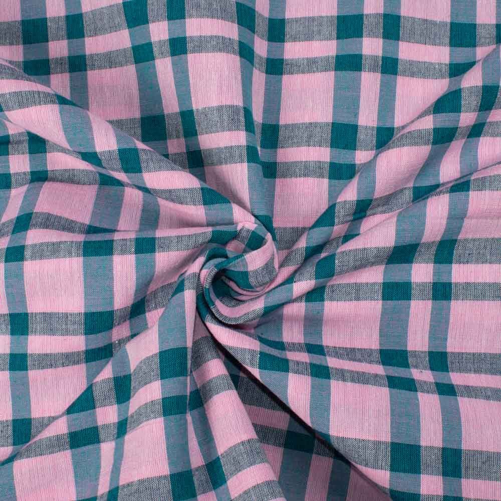 Check Pink Blue Pure Cotton 100 GSM Handwoven Fabric