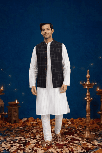 Checks Bundi Nehru Jacket by Anuprerna for men's Diwali outfits