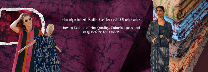 Handprinted batik cotton fabrics banner featuring models and stacked textiles, promoting wholesale buying with focus on print quality, colorfastness, and MOQ evaluation.