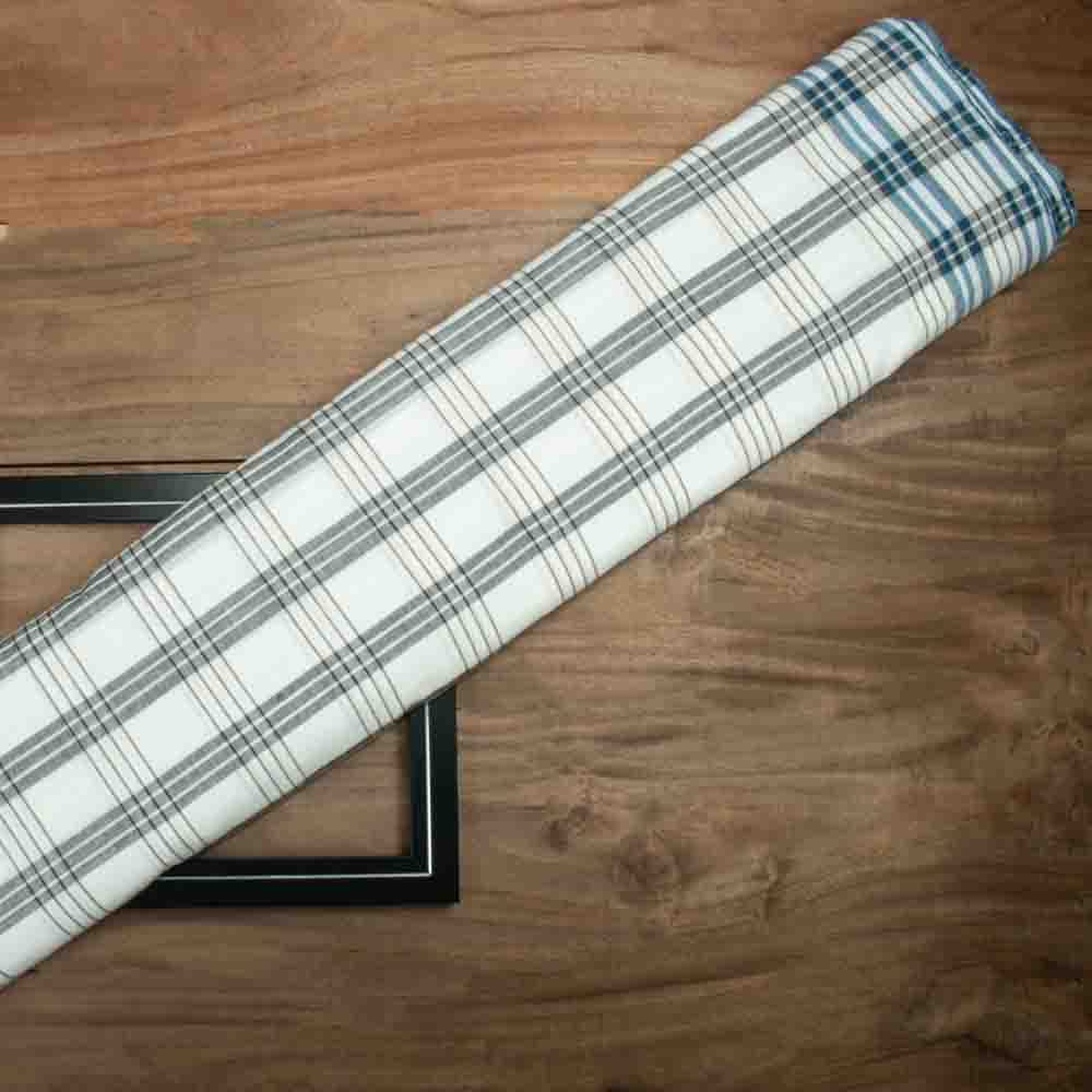 Check White Blue and Black Pure Cotton 105 GSM Handwoven Fabric