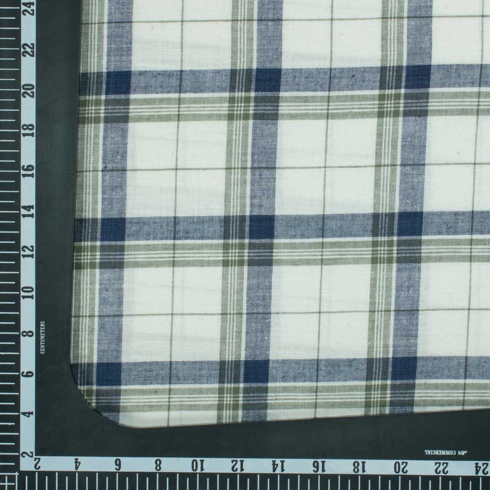 Check White Blue and Olive Cotton Khadi 100 GSM Handwoven Fabric