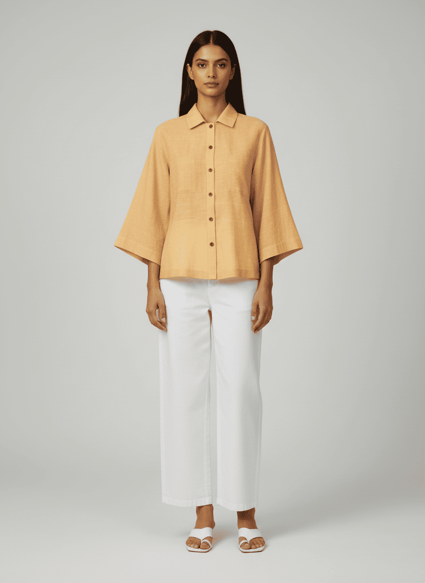 Spread Collared Shirt With Center Placket- Bell Sleeves