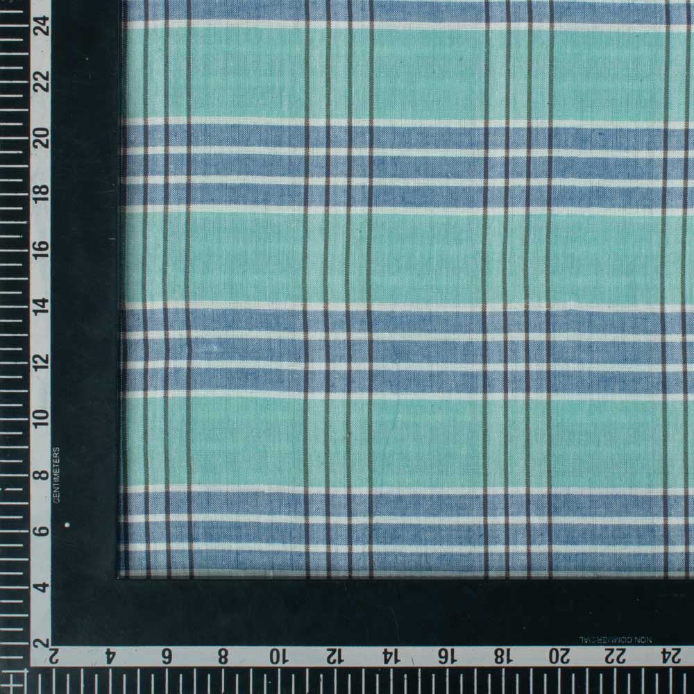 Check White Blue and Green Pure Cotton 100 GSM Handwoven Fabric