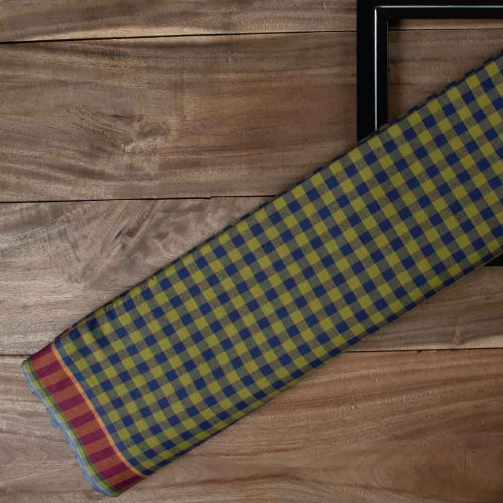 Check Blue & Olive Pure Cotton 75 GSM Handwoven Fabric