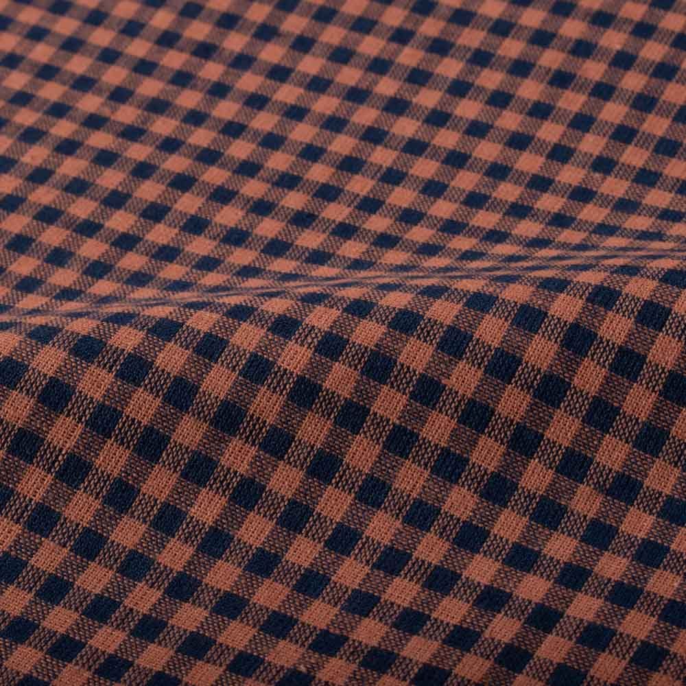 Check Navy Blue & Orange Pure Cotton 100 GSM Handwoven Fabric