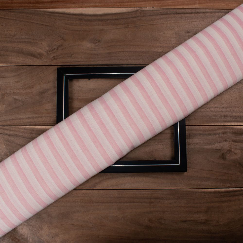 Stripe Pink White Pure Cotton 70 gsm Handwoven Fabric