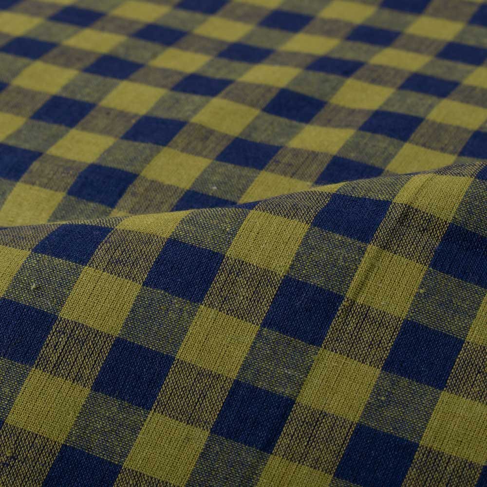 Check Blue & Olive Pure Cotton 75 GSM Handwoven Fabric