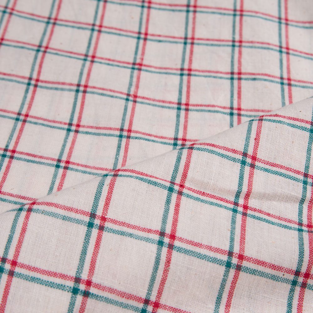 CHECK WHITE RED & GREEN KHADI COTTON 98 GSM HANDWOVEN FABRIC