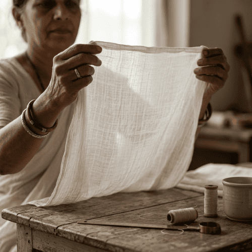 Designer examining the weave and quality of lightweight muslin fabric