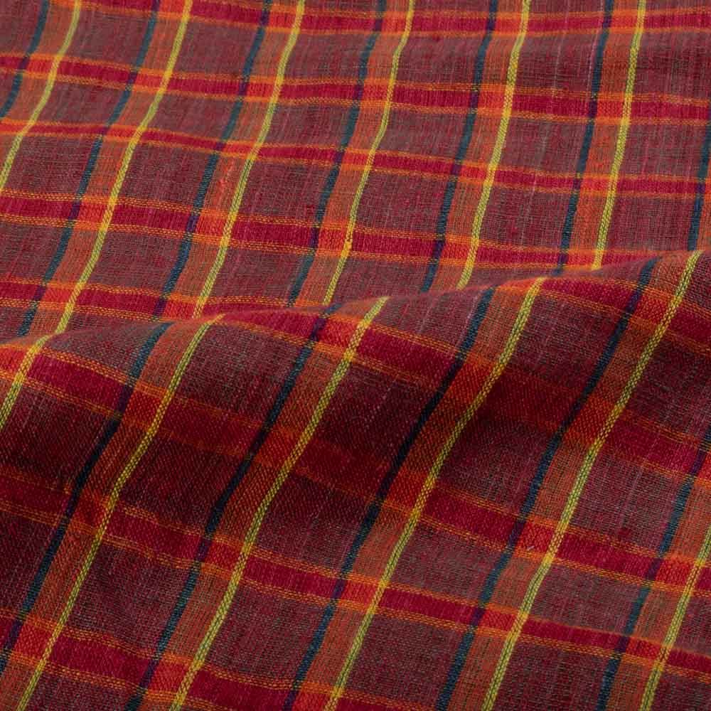 Check Maroon Pure Linen 116 GSM Handwoven Fabric