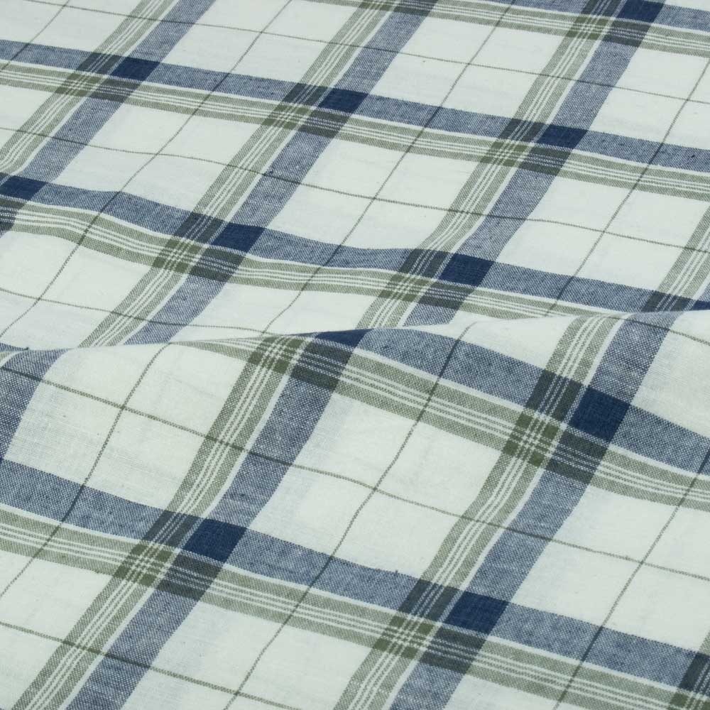 Check White Blue and Olive Cotton Khadi 100 GSM Handwoven Fabric