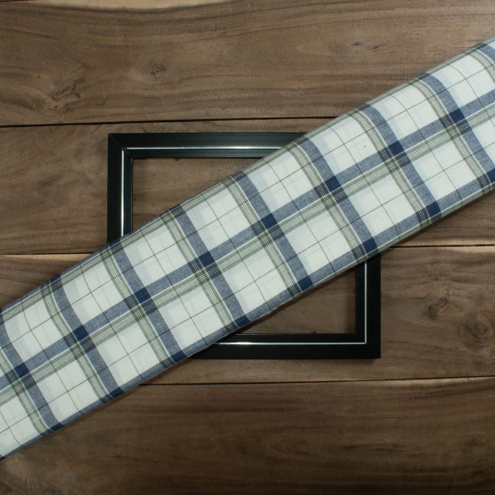 Check White Blue and Olive Cotton Khadi 100 GSM Handwoven Fabric