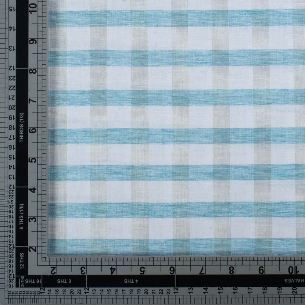 Check Turquoise White Brown Pure Cotton 100 GSM Handwoven Fabric