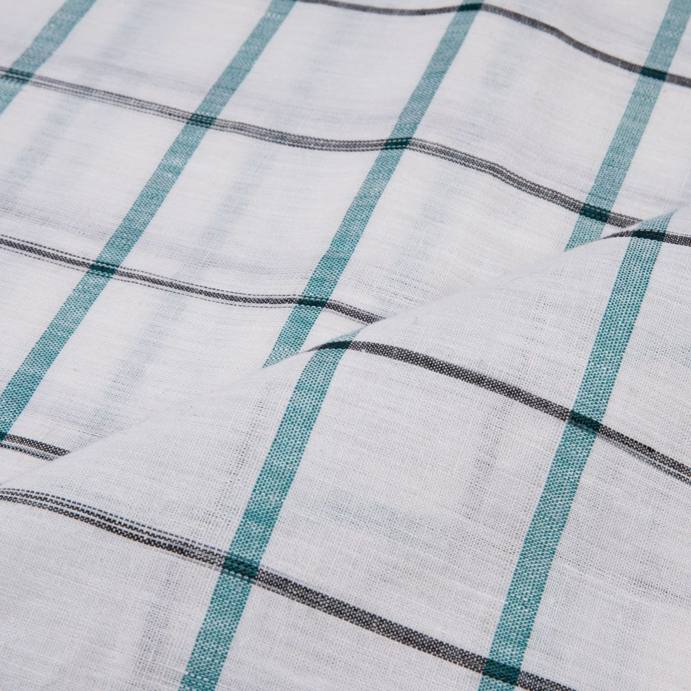 CHECK WHITE TEAL & BLACK LINEN COTTON 121 GSM HANDWOVEN FABRIC