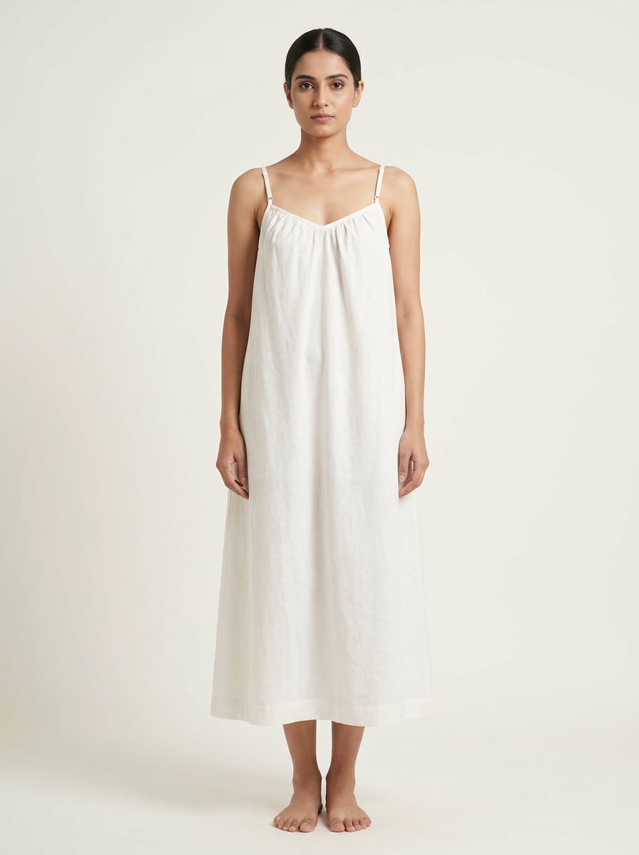 Front view of Sweetheart Neck Gathered Ankle Length Dress in handspun and handwoven khadi fabric