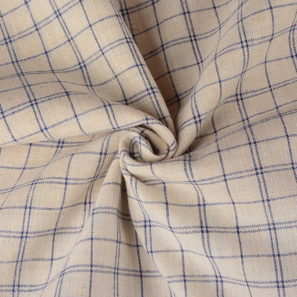 Check Cream & Blue Pure Khadi Fabric - 118 GSM Handspun & Handwoven