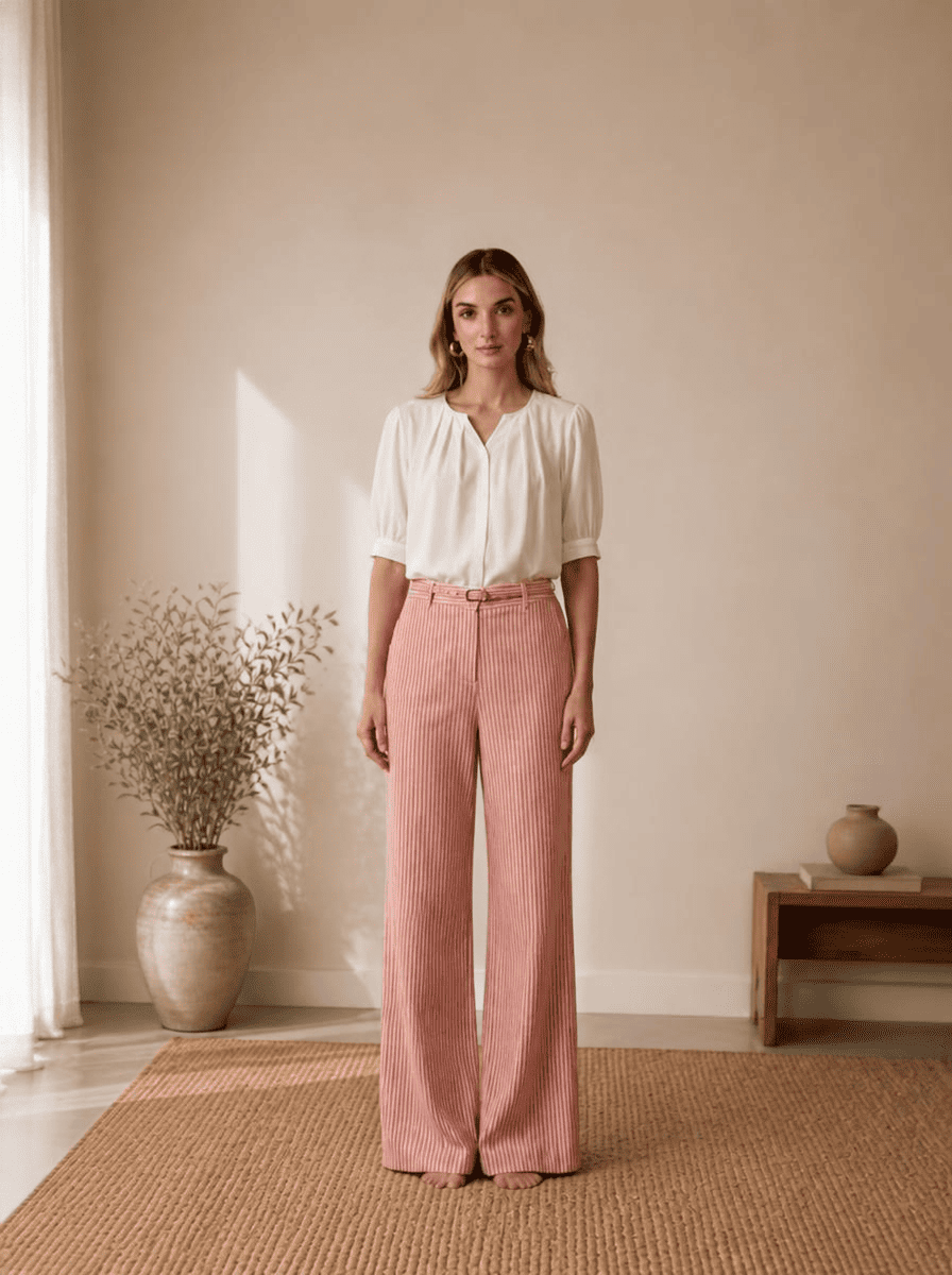 pairing white pleated top with pink trouser
