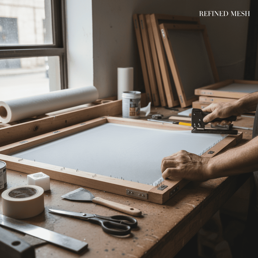 Wooden screen frame with fine mesh stretched for manual fabric screen printing