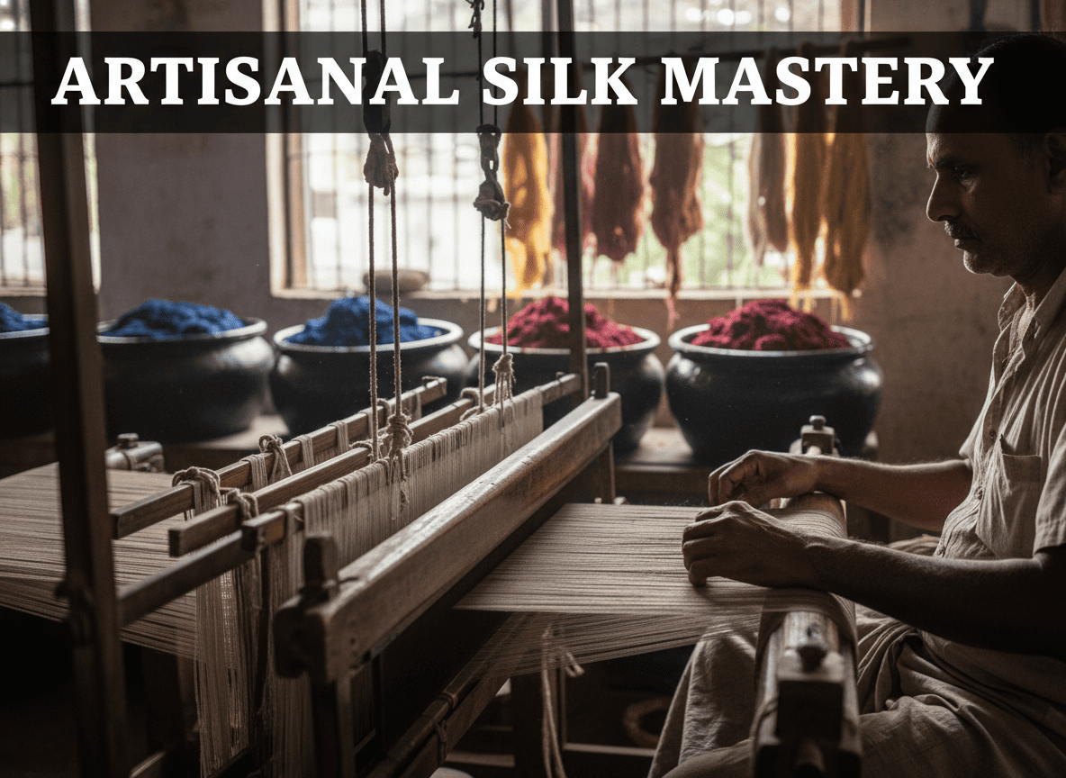 Weavers crafting ethical raw silk fabric in a traditional West Bengal handloom workshop.