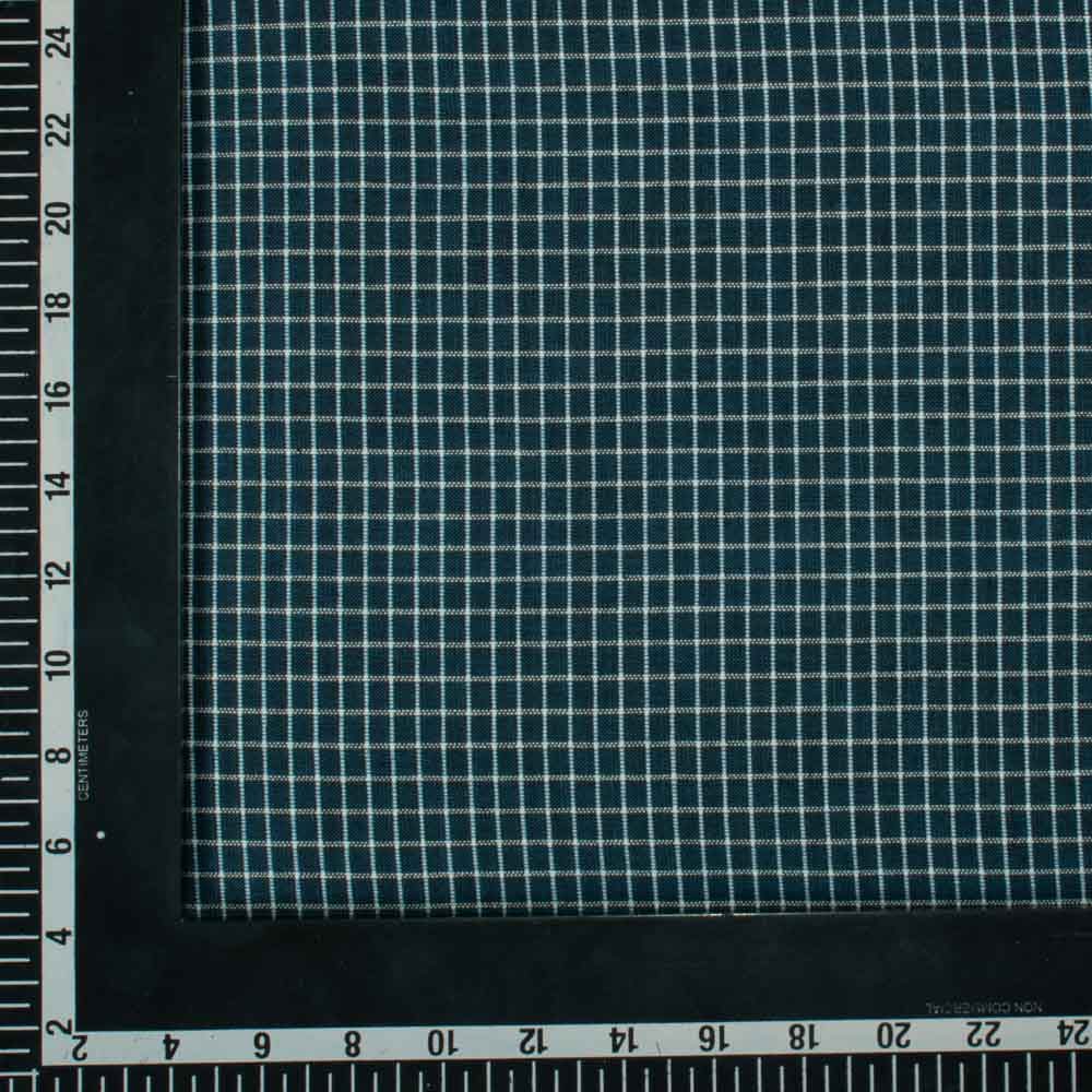 Check Petrol Blue White Pure Cotton 105 GSM Handwoven Fabric 656