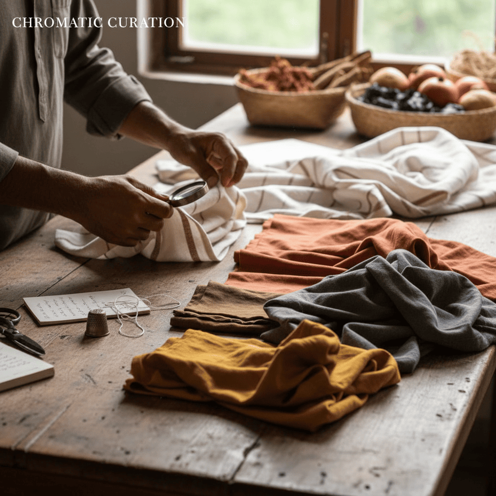 Workers sorting cotton fabric scraps by colour and material for recycling