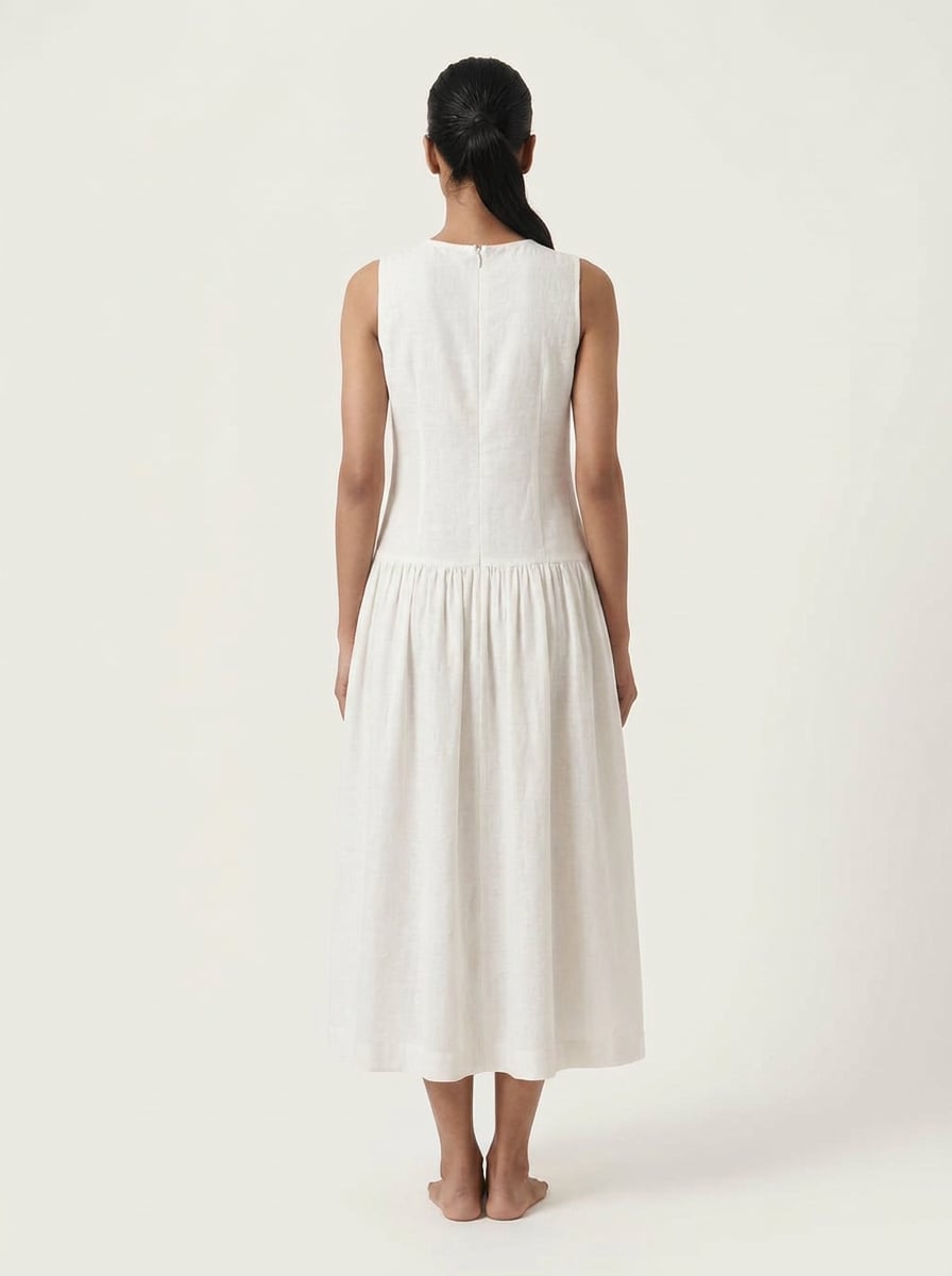 Back view of Smocked Chest Dropped Waist Midi Dress in handspun and handwoven khadi fabric