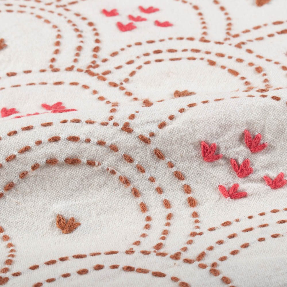 Scallop White Embroidered Khadi Cotton 190 GSM Kantha Fabric