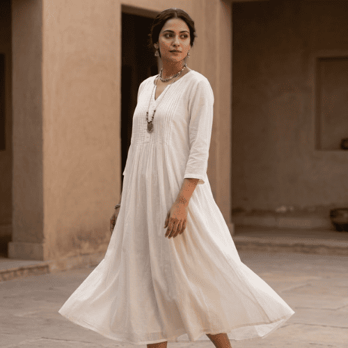 Mulmul cotton dress showing the fabric's soft natural drape