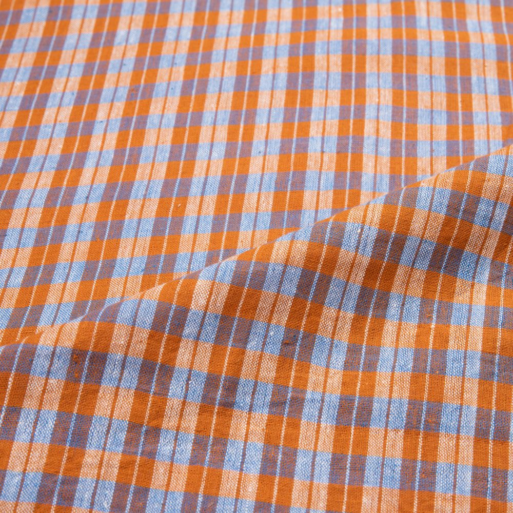 CHECK ORANGE & BLUE PURE COTTON 92 GSM HANDWOVEN FABRIC 260