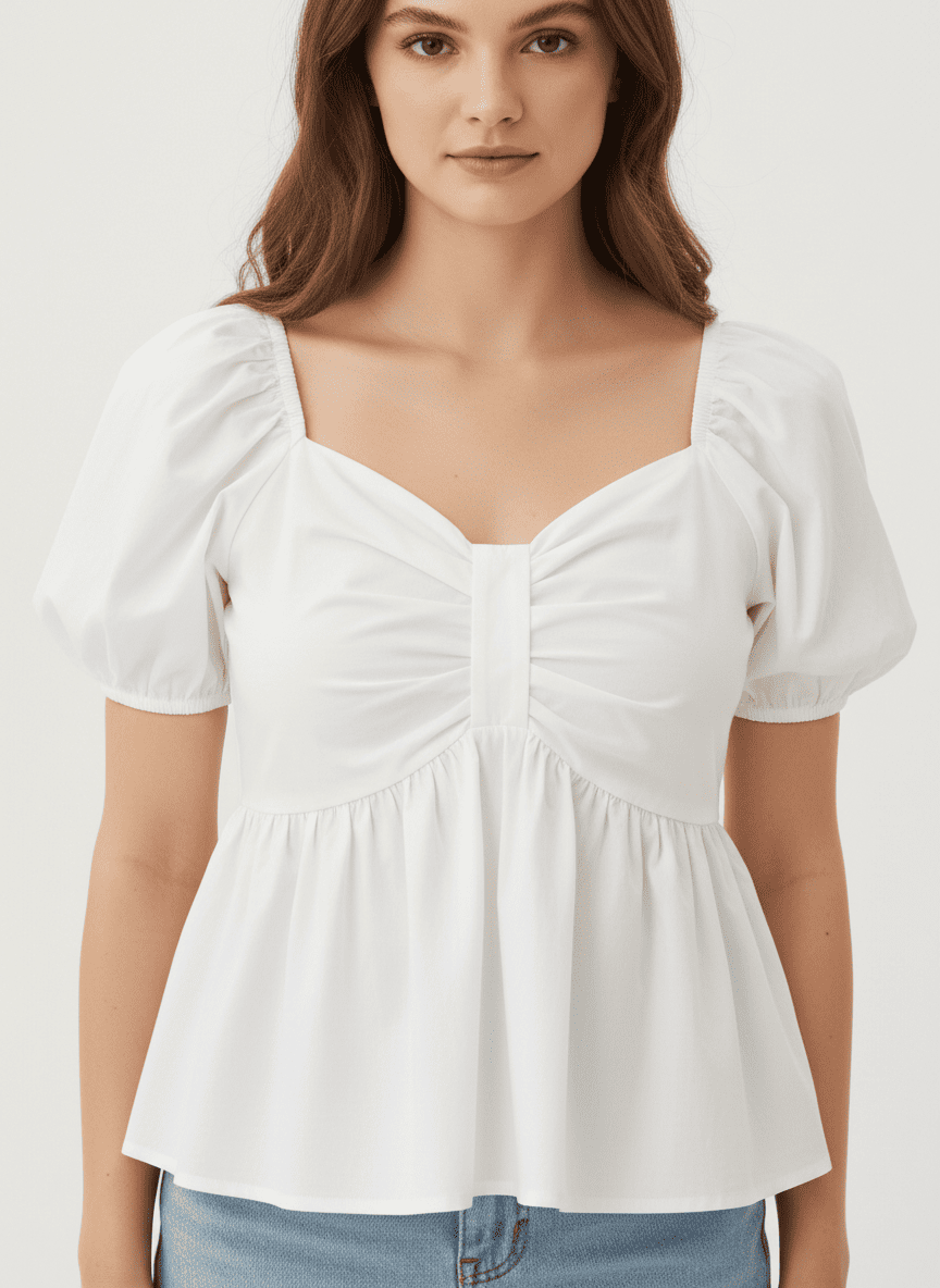 Sweetheart Neck Gathered Sleeve Peplum Top