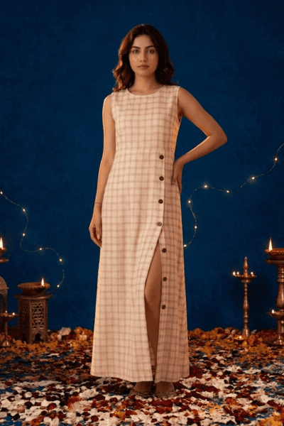 Buttoned Slit Full Length Dress by Anuprerna for a contemporary Diwali look