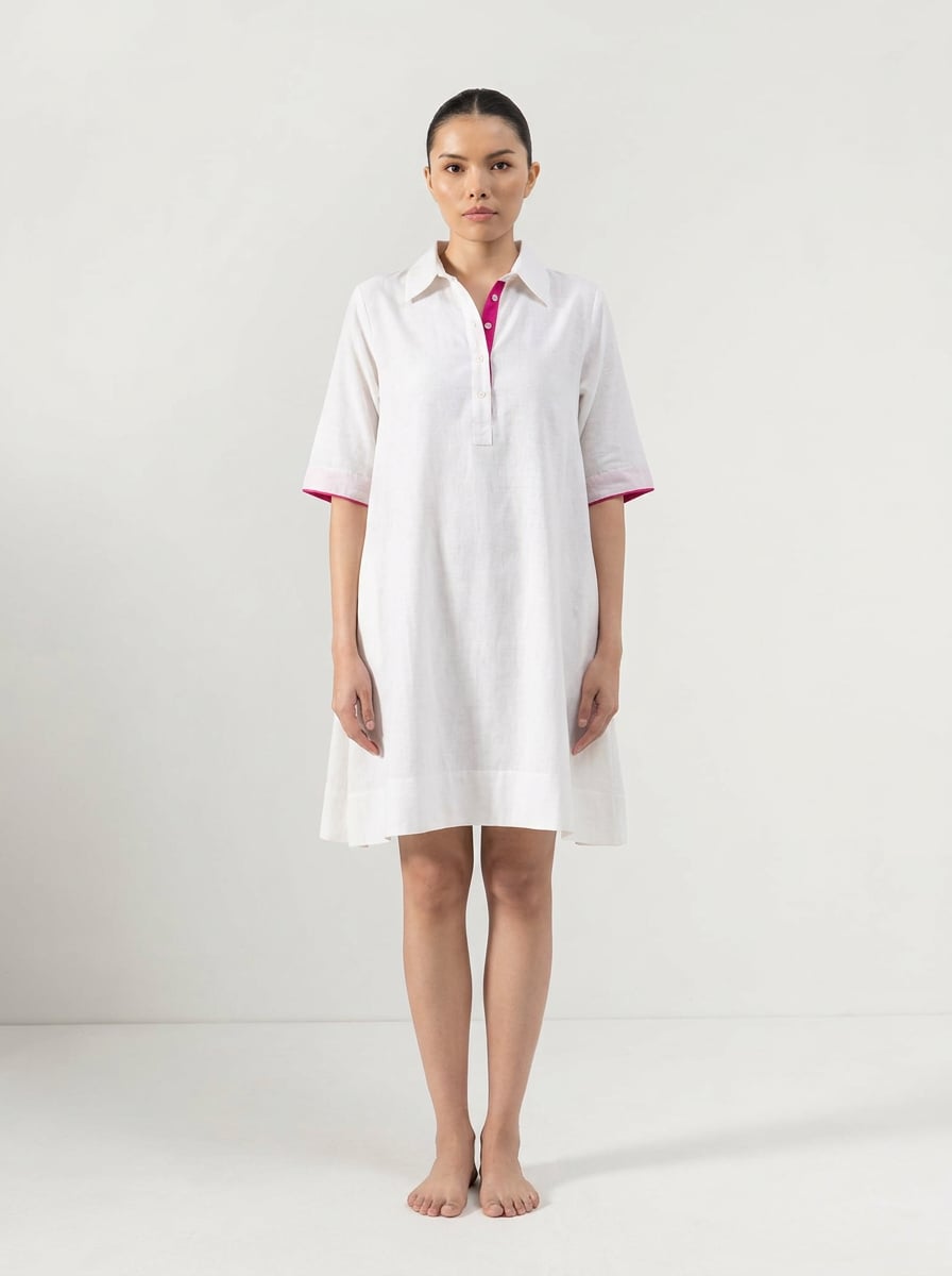 Front view of A-Line Shirt Dress With Button Placket in handspun and handwoven khadi fabric.