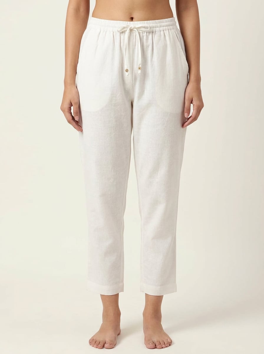 Front view of narrow fit ankle pants with drawstring in handspun and handwoven khadi fabric.