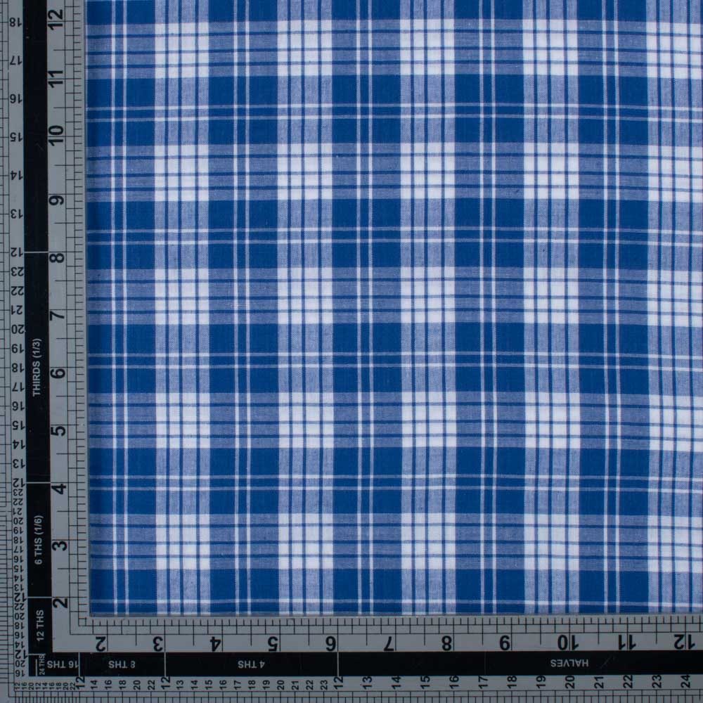 Check White Blue Pure Cotton 90 GSM Handwoven Fabric