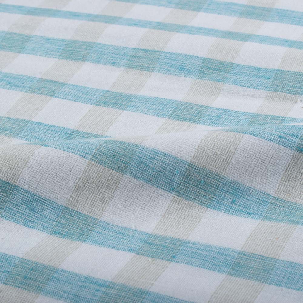 Check Turquoise White Brown Pure Cotton 100 GSM Handwoven Fabric